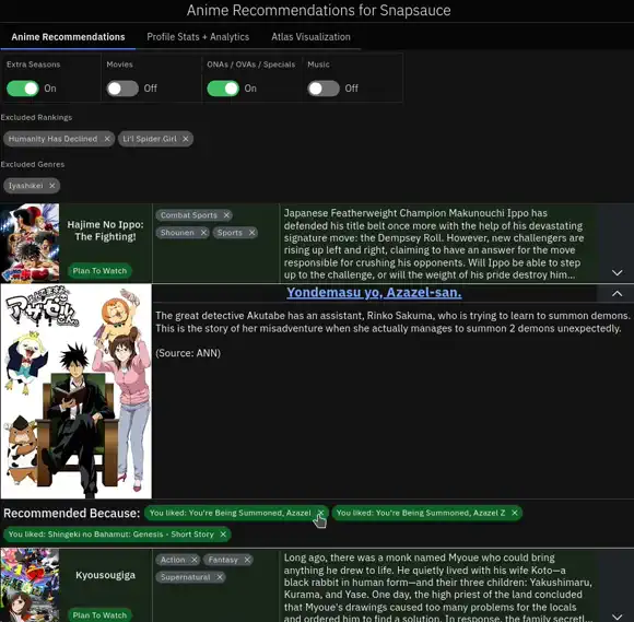 A video demonstrating the smoothly animated movement of recommendations in the list as they are added, removed, and change positions when the user changes parameters for the recommendation engine