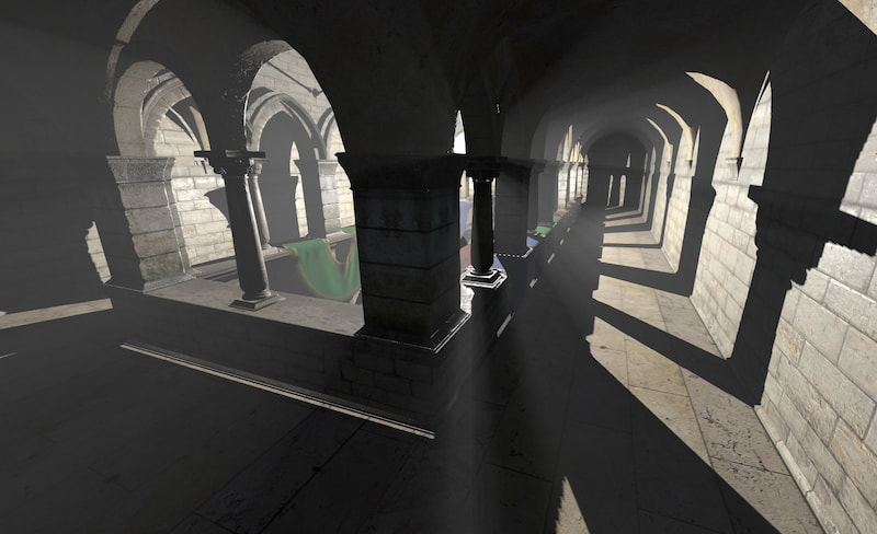A screenshot showing the three-good-godrays effect in action within the sponza demo scene. A white sphere in the middle of a terrace with pillars has white godrays emanating from it along with prominent shadows.