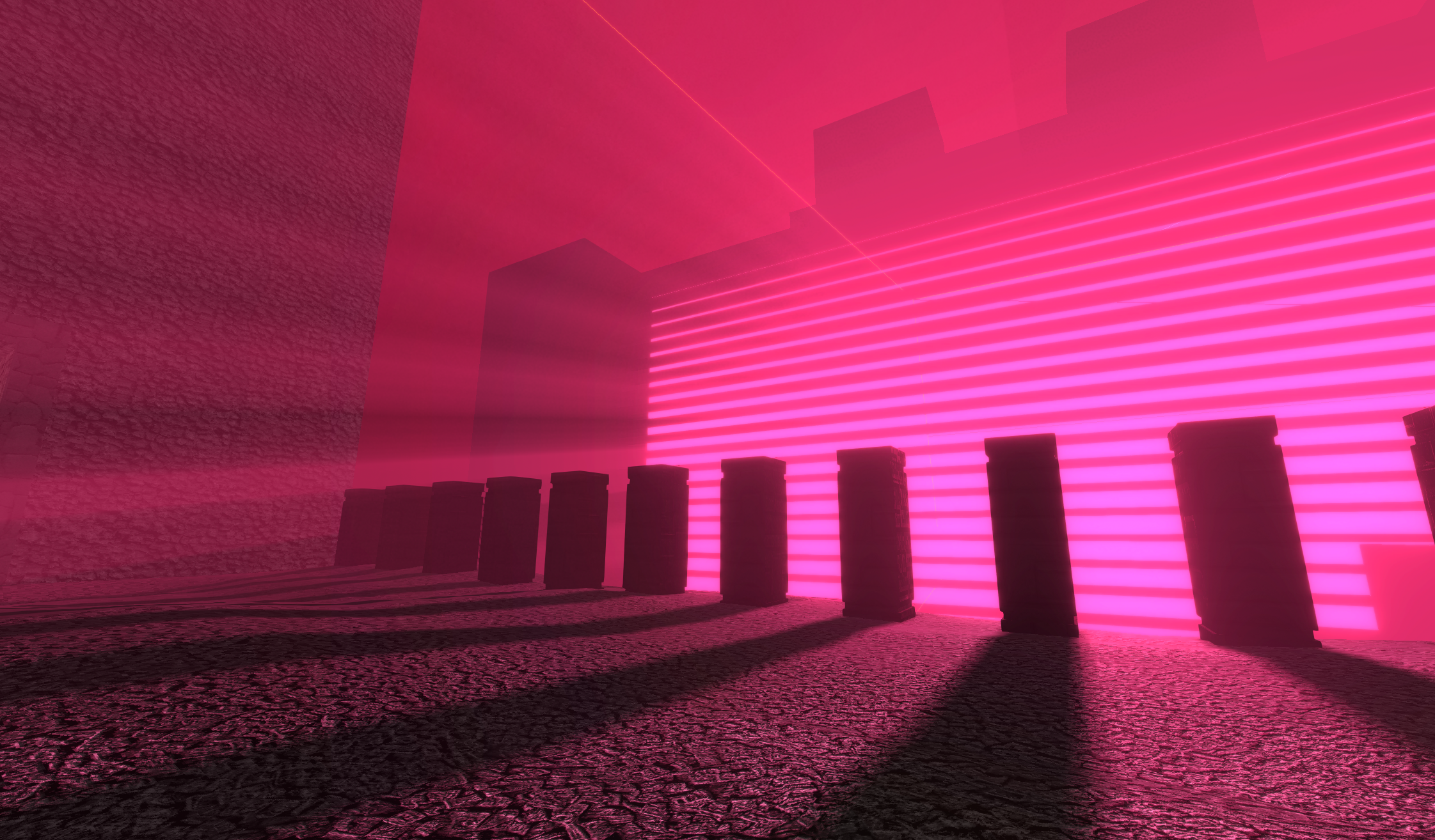 A bright pink light shines through a vertical array of black slats set in the side of a huge indistinct black structure in the background.  There are very prominent and intense godrays in the air, giving it the appearance of being very humid or smokey.  The ground is rock and there are black pillars casting long and stark shadows across it.